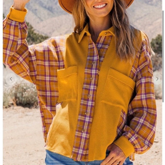 New! Mustard Plaid Corduroy Button Up Shirt Relaxed Top. - Picture 3 of 5